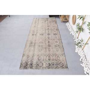 Tapis turc vintage de 3.4x8.8 pieds, beige, bleu, classique, rectangle, patchwork, laine design, latex, pour couloir et chambre - Product Image 1