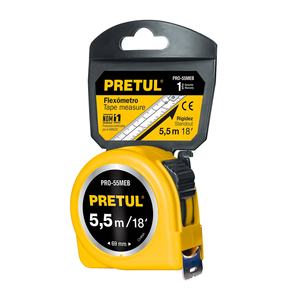 Ruban à mesurer Pretul Pro-55Meb 5,5 m (18 pi) avec lame en métal, enroulement automatique et verrouillage coulissant, boîtier en plastique jaune haute visibilité, M - Product Image 1