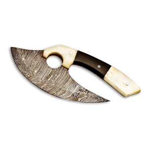 Cuchillo Ulu de acero de Damasco hecho a mano con hueso y mango de cuerno de búfalo para picar y cortar en la cocina - Product Image 1