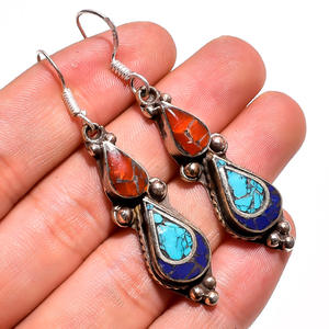 Pendiente de piedras preciosas de lapislázuli Coral turquesa natural, joyería de plata tibetana hecha a mano, proveedor de joyería de boda, joyería fina - Product Image 2