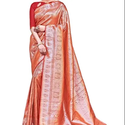 Ethnic Indian Traditional Banarasi Art Silk Saree with Waist Belt & Customize stitched Blouse Women Boho Dress Ready To Wear