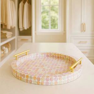 Plateau rond en incrustation de nacre avec poignées Plateau de service décoratif fait main - Product Image 4