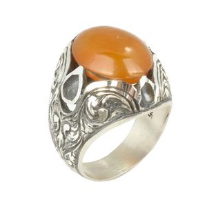 925 Sterling <b>Silver</b> Men's <b>Ring</b> <b>Emerald</b> Cut Diamond Handcrafted Oval Pressed Amber Stone Bezel Setting Rhodium for Everyday Wear - Product Image 1