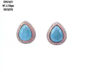Pear Shape Blue Gemstone Fashion Unique Earrings Direct Sales Supplier Woman Cz Earrings Silver Glitter stud Earrings