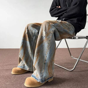 2025 Hip Hop Casual Jeans New Men's Vintage Side Striped Straight Acid Wash Baggy Canvas <b>Trousers</b> 100% Cotton OEM Service - Product Image 3