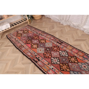Vintage 2.9x12.2 ft Rug, <b>Runner</b> Turkish Rug, <b>Red</b> Gray Floral Wool Rug - Product Image 3