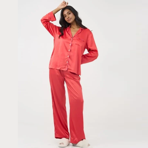 Conjunto de pijama de manga larga de satén para mujer con pantalones de cintura elástica para ropa de dormir de otoño - Product Image 5