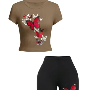 Nuevo diseño elegante al por mayor camisa corta de alta calidad Slim Fit conjuntos de mujeres personalizar 3D impreso 2 piezas conjunto de mujeres - Product Image 5