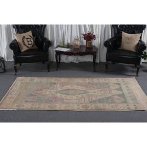 พรมตุรกีวินเทจผ้าทอเย็บปะติดปะต่อกันสีเบจ-ชมพูพรมขนสัตว์3.9x7.9ft ห้องนั่งเล่นยางสำรองสำหรับตกแต่ง - Product Image 3