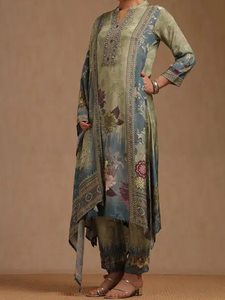 Vêtements indiens et pakistanais haut de gamme vert bleu Ombre imprimé fleuri viscose soie femmes Kurta robe Dupatta coupe régulière femmes - Product Image 3