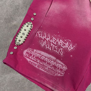 <b>Men's</b> Vintage Washed <b>Shorts</b> Custom Streetwear with Rhinestone Logo Print 100% Cotton Eco-Friendly Solid <b>Pattern</b> - Product Image 5