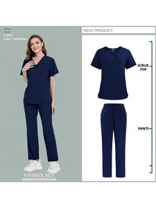 Color sólido Transpirable Enfermería Scrubs Elasticidad Clínica de mascotas Enfermera Ropa DE TRABAJO Ropa fina de LICRA alta-Tallas suaves XL y 3XL - Product Image 3