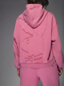 Conjunto de pantalones con capucha sólidos y hombros caídos de gran tamaño personalizados para mujer, ropa de invierno ligera con estampado transpirable de 2 piezas de talla grande - Product Image 4