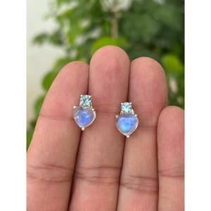 925 Sterling <b>Silver</b> Heart <b>Stud</b> Earrings with Moonstone & Aquamarine Gift - Product Image 1