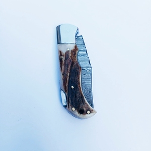 Cuchillo de bolsillo plegable de acero de Damasco personalizable con mango de madera de Rosa estilo de botón hecho a mano de grado DIY de alta calidad - Product Image 4