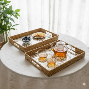 Plateau de service élégant en résine polie avec poignées robustes, texture tissée naturelle, incrustation de nacre, vaisselle élégante - Product Image 5