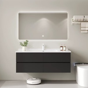 Modern and Simple Integrated Basin Bathroom Cabinet Set with 2 Shelves Stainless Steel Handles Solid Wood Washbasin - Product Image 3