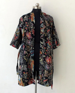 Peignoir Kimono de luxe Boho unisexe 100% fait à la main en coton Kantha noir imprimé Paisley Long Free Spring pour les demoiselles d'honneur de Noël - Product Image 5