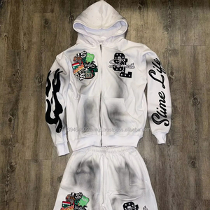 Apliques bordados parche desgastado lavado ácido Vintage multicolor 100% algodón Sudadera con capucha pantalones cortos 2 piezas Unisex verano High Street - Product Image 1