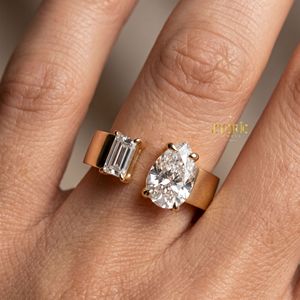 925 Sterling <b>Silver</b> Pear & <b>Emerald</b> Cut Lab Grown Diamond Open Band <b>Ring</b> for Women - Product Image 4