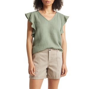 Top in maglia da donna Green Dune con scollo a V e maniche a volant, taglia XS - Product Image 1