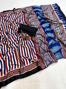 Lagdi Gajji Crepe Soft Silk <b>Women's</b> <b>Saree</b> with Rich Pallu Semi Gajji Original Ajrakh Bandhej Made in India in Stock - Product Image 3