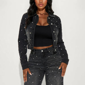 Veste en jean pour femme, col rabattu, strass personnalisés, finition en coton, écologique, respirante, réversible, coupe classique, courte - Product Image 1