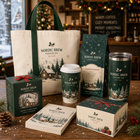 Coffret cadeau de Noël personnalisé AT PACK avec sacs à café, tasses, gobelets, sacs fourre-tout, boîtes et fournitures de café de marque pour les fêtes