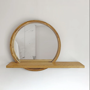 <span class=keywords><strong>Espejo</strong></span> circular de madera de color natural con estante, hecho a <span class=keywords><strong>mano</strong></span>, de madera maciza como el roble, utilizado para el tocador del <span class=keywords><strong>baño</strong></span>. - Product Image 1
