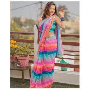 ผ้าจอร์เจียเจ็ตพิมพ์ลายส่าหรีแบบพิเศษสำหรับเจ้าสาวงานแต่งงานงานแต่งงานของผู้ใหญ่ดูสวยงามทันสมัยบูติกอินเดีย - Product Image 4