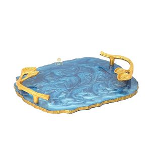 Plateau de service en résine à motif de feuilles de luxe Vintage exclusif fait à la main poignée Durable pour assiettes à Dessert décoratives - Product Image 1