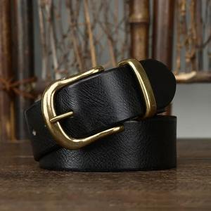 Cinturón vaquero de cuero de vaca genuino para hombres de alta calidad 3,8 CM con cinturón de vaquero con hebilla de latón de diseñador de lujo - Product Image 5