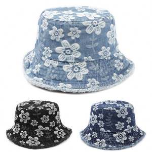 Nuevo Sombrero de Pescador de Mezclilla con Bordado Floral Estilo Fresco, Versión Coreana, Lavado Vintage, con Borde Deshilachado, para Mujer - Product Image 1