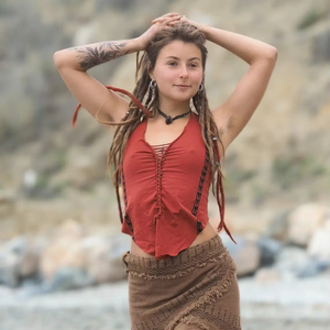 Orgánico 100% algodón Tribal cuello Halter Top patrón sólido bloque estampado Pixie Top tejido de punto terroso - Product Image 1