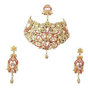 Ensemble de bijoux vintage en alliage en forme de fleur avec strass en cristal, collier, boucles d'oreilles, coiffe, plaqué or rose, pour femmes, fiançailles, mariage - Product Image 3