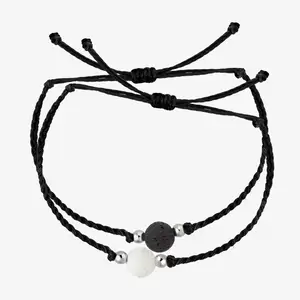 Valentine Anniversary fashion paired bracelet string bracelet adjustable couple Black white Yin Yang lava bead bracelet Set of 2