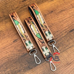 2025 Factory Wholesale Price Hand Tooled Leather Wristlet Strap Genuine Leather Feather Design Fashionable <b>Carabiner</b> Keychains - Product Image 1