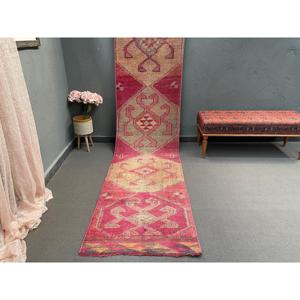 2.6x11.3 ft Vintage <b>Runner</b> Rug, <b>Red</b> Yellow Turkish Ikat Wool Rug - Product Image 1