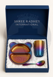 Ensemble repas écologique en acier inoxydable en forme d'ours, assiette réutilisable à compartiments, bol, cuillère, tasse, finition irisée, boîte cadeau repas enfant - Product Image 2