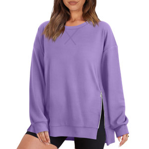 Venta al por mayor de las mujeres de gran tamaño ligero sudadera con abertura lateral cremallera suave cuello redondo pulóver camisetas de manga larga - Product Image 6