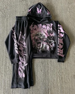 ชุดเซ็ตฮู้ดดี้และกางเกงจ็อกเกอร์ผ้าฟอกสีสไตล์วินเทจคุณภาพสูงสำหรับผู้ชาย ยี่ห้อ Wedix Sports  ไซส์พลัส  แบบยูนิเซ็กซ์  พร้อมลายพิมพ์ - Product Image 1