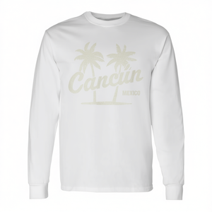 T-shirt vintage anni '70 con grafica Cancun Messico a maniche lunghe, prodotto promozionale con palme - Product Image 2