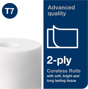Rouleau de papier toilette Tork Coreless haute capacité T7, blanc, 2 plis, 1 000 feuilles/rouleau, 36 rouleaux/caisse (472880) - Product Image 2