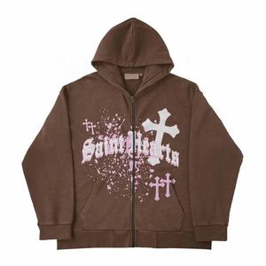 OEM Venta al por mayor Full Zip Up Hoodie Personalizado Puff Imprimir Cremallera Sudadera con capucha Oversized Unisex Winter Streetwear Hoodie para hombres y mujeres - Product Image 1