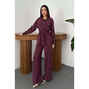Plum Button Detailed Shirt and Ribbed <b>Trousers</b> Set - Plum - Product Image 2