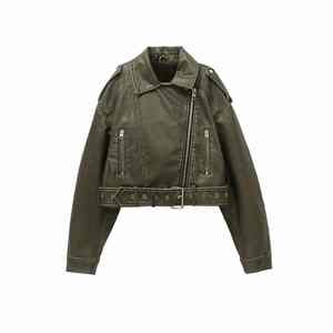 2025 Women's Vintage Retro Moto Biker Coat Loose Pu Faux <b>Leather</b> Short Jacket Zipper <b>Belt</b> Cotton-Filled Streetwear Outwear Tops - Product Image 1