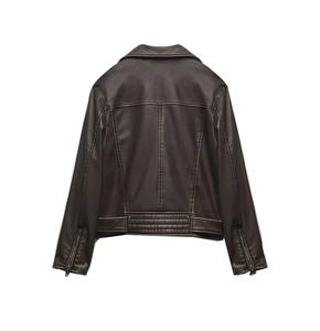 Women's Black Faux Soft Leather Jacket Floral Print Embroidery Punk Zipper Rivet Outerwear for Winter Motorcycle Coat Style - Product Image 2