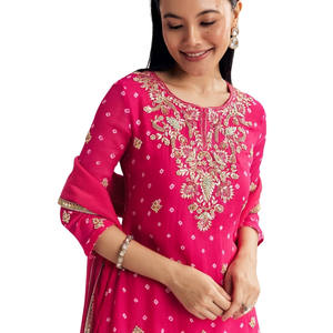 Vente en gros rouge Chinon asymétrique Kurta Palazzo costume avec broderie pour fête de fête porter réception de mariage et les commandes personnalisées - Product Image 3