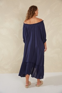 Manga larga estilo bohemio manga larga 100% tela de rayón azul Maxi vestido vacaciones mujeres sin tirantes con vestido de mujer escalonado - Product Image 3