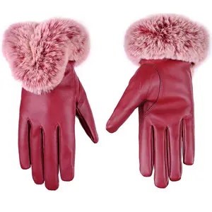 Wolson Industry Women Winter Leather Gloves Warm Fur Full Finger Mittens Driving Windproof Glove Winter Hand Gloves Touch Screen